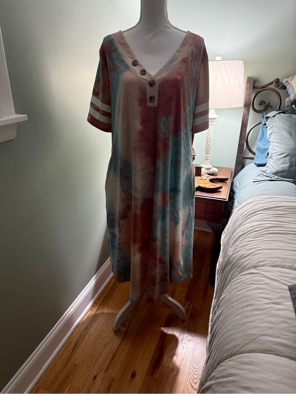 BloomChic Tie-Dye Midi Dress in Coral, Teal & Cream